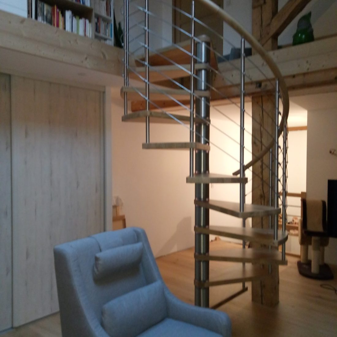 escalier hélicoïdal bois, métal, câb inox